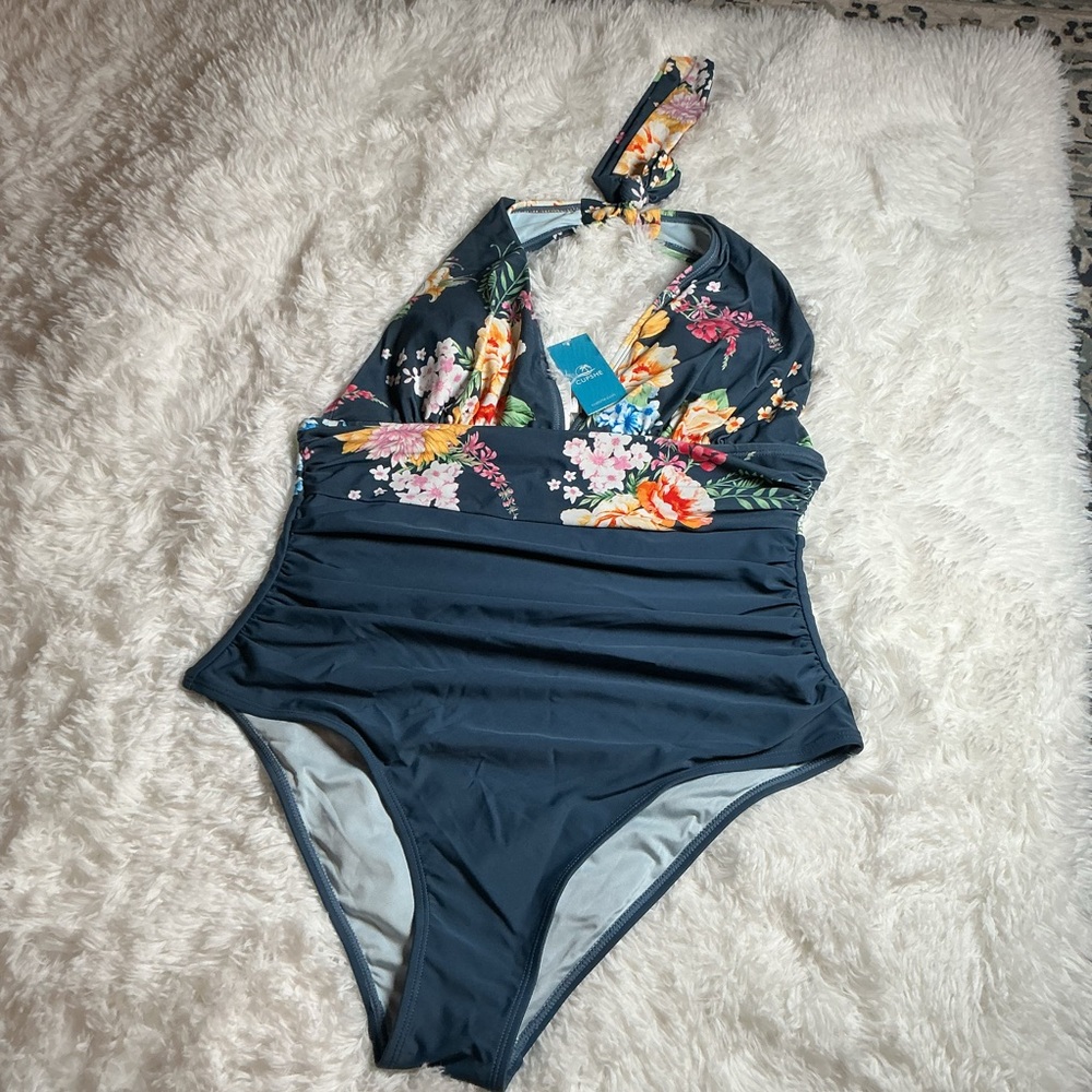Cupshe Floral Kids Swim One Piece in Navy and Multicolor